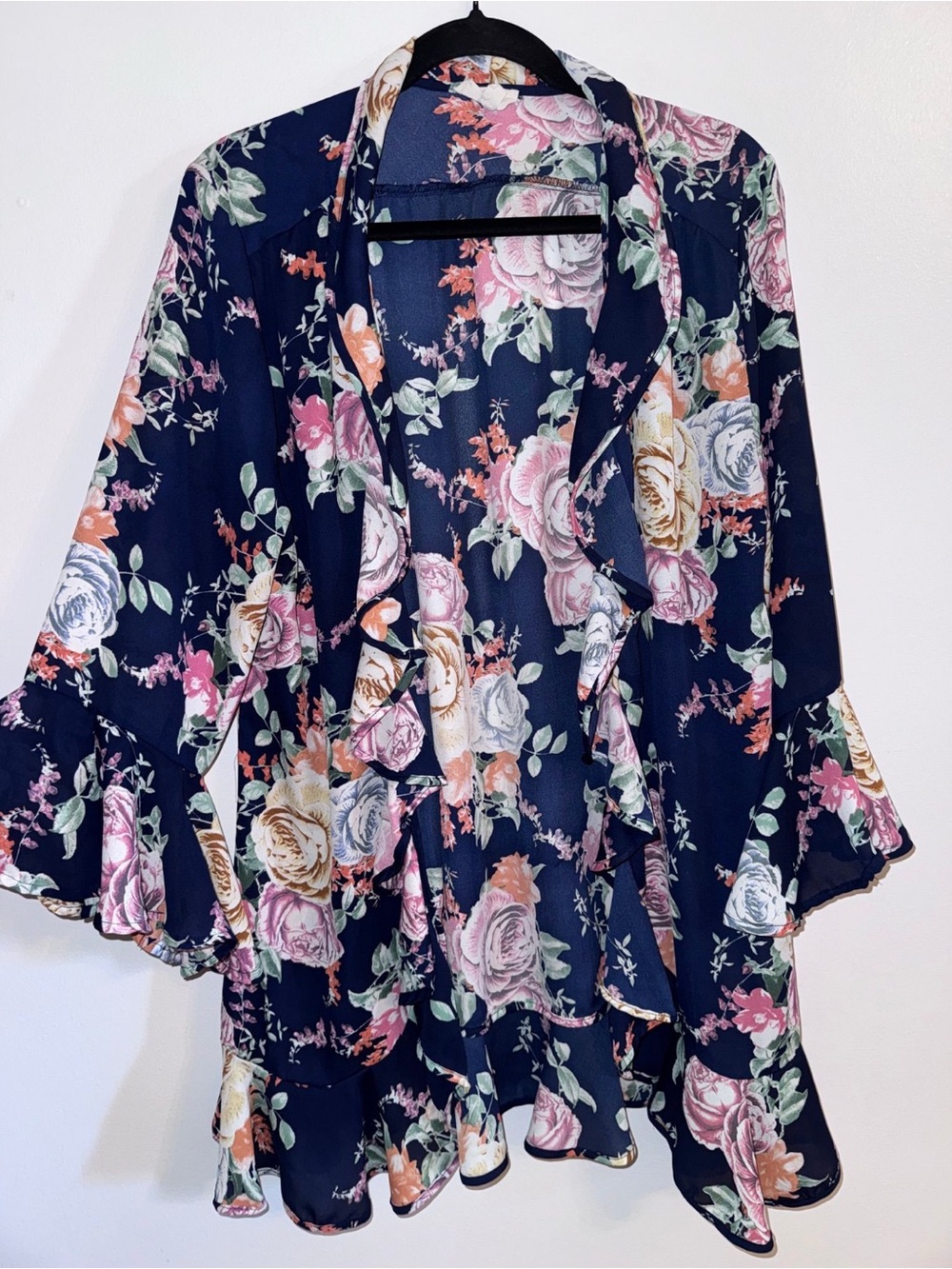 Entro Navy Floral Ruffle Kimono